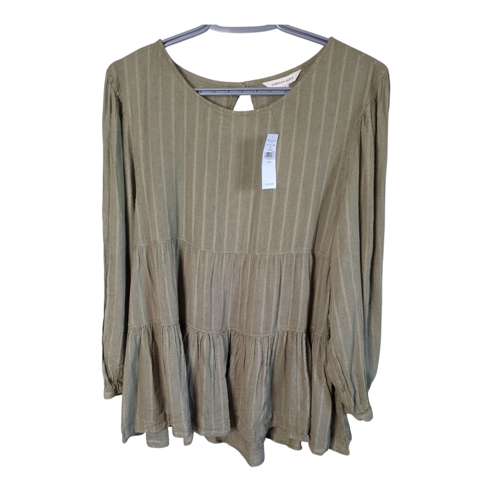 NWT American‎ Eagle Long Sleeve Babydoll Peasant Top Olive Size Medium Relaxed
